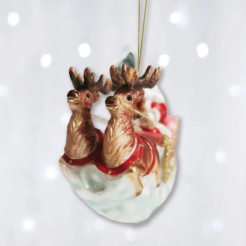 Santa Sleigh and Reindeer Elegant Christmas Ornament, Holiday Blown Glass Figur